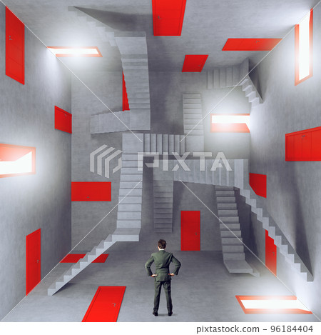 Businessman in a room full of doors. Concept of bureaucracy and stress 96184404