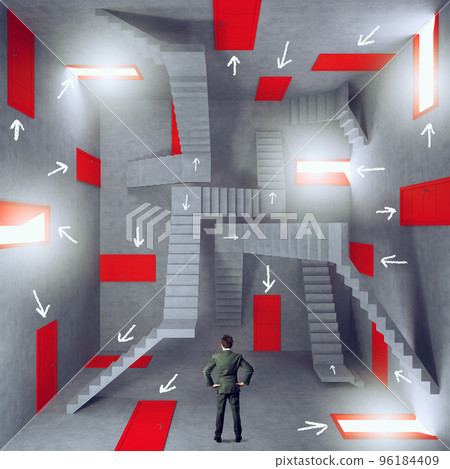 Businessman in a room full of doors. Concept of bureaucracy and stress 96184409