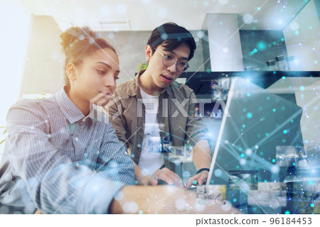 Businessman in office connected on internet network. concept of startup company. Double exposure 96184453