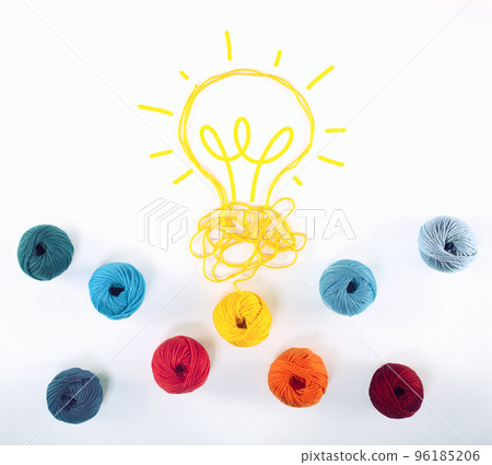 Concept of idea and innovation with wool ball that shapes a lightbulb Concept of idea and innovation with wool ball that shapes a lightbulb 96185206