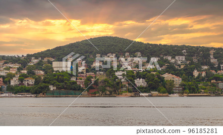 View of the hills of Kinaliada island from Marmara Sea, with traditional summer houses, Istanbul, Turkey 96185281