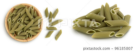 Green pea penne pasta in wooden bowl isolated on white background with. Organic food speciality. Gluten free. Top view. Flat lay Green pea penne pasta in wooden bowl isolated on white background with. Organic food speciality. Gluten free. Top view. Flat lay 96185807