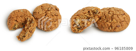 oatmeal cookies with flax, pumpkin and sunflower seeds isolated on white background with full depth of field. Top view. Flat lay 96185809