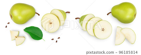 Green pear fruit with half and slices isolated on white background. Top view. Flat lay 96185814