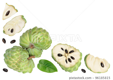 Sugar apple or custard apple isolated on white background with. Exotic tropical Thai annona or cherimoya fruit. Top view. Flat lay 96185815