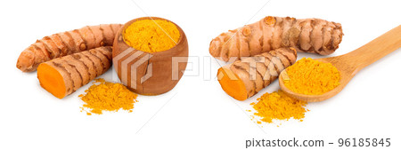 turmeric root and powder isolated on white background close up turmeric root and powder isolated on white background close up 96185845