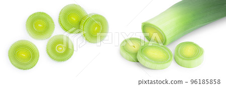 Leek vegetable with slices isolated on white background Leek vegetable with slices isolated on white background 96185858