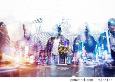 Abstract business background concept with double exposure and network effects Abstract business background concept with double exposure and network effects 96186178