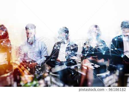 Young boys sitting on chairs connected with the rest of the world. Double exposure and network effects 96186182