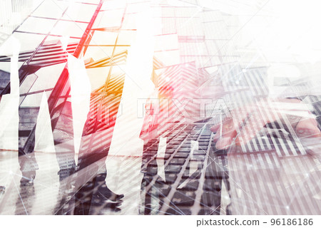 Background with business people silhouette at sundown. Double exposure and light effects Background with business people silhouette at sundown. Double exposure and light effects 96186186
