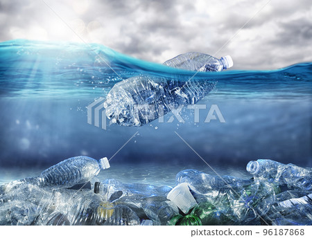 Floating bottle. Problem of plastic pollution under the sea concept 96187868
