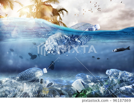Floating bottle. Problem of plastic pollution under the sea concept Floating bottle. Problem of plastic pollution under the sea concept 96187869