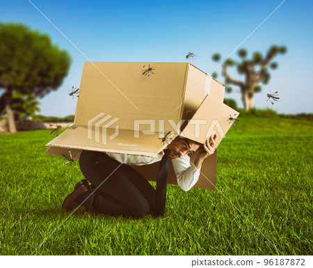 Man defends himself from the attack of mosquitoes hiding in a cardboard box 96187872