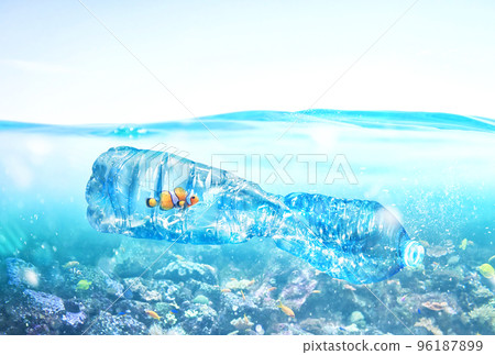 Fish trapped inside a bottle. Problem of plastic pollution under the sea concept. Fish trapped inside a bottle. Problem of plastic pollution under the sea concept. 96187899