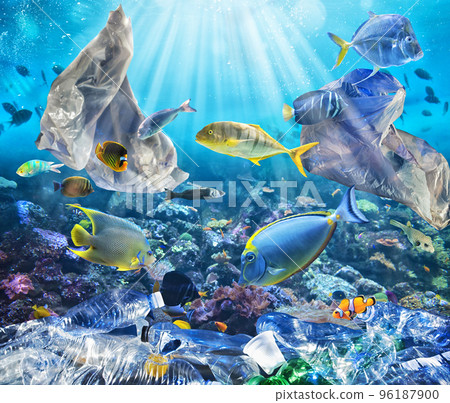 Fishes swims with floating bags. Problem of plastic pollution under the sea concept. 96187900
