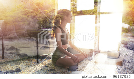 Young girl relaxing in yoga position at home with zen garden. Double exposure 96187925