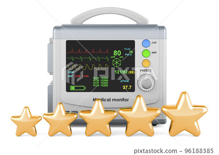 Medical monitor with five golden stars. 3D rendering Medical monitor with five golden stars. 3D rendering 96188385