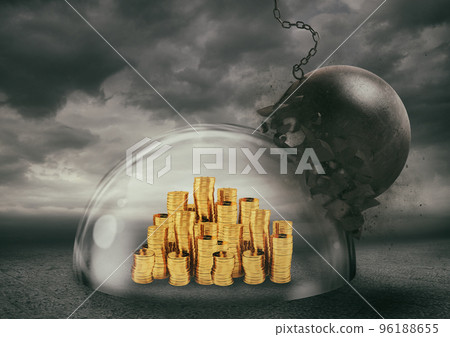 Coins safely inside a shield dome during a storm that protects them from a wrecking ball. Protection and safety concept 96188655