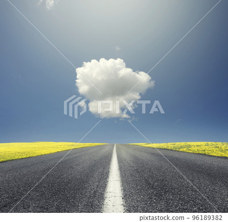 Street in a yellow landscape with a cloud Street in a yellow landscape with a cloud 96189382