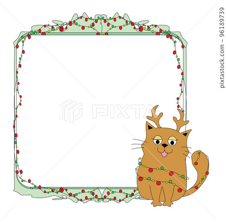 Merry christmas frame with cute cat with reindeer horns and Christmas tree lights Merry christmas frame with cute cat with reindeer horns and Christmas tree lights 96189739