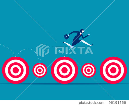 Businesswoman keeps leaping forward on big and small targets. Business goal vector illustration 96191566