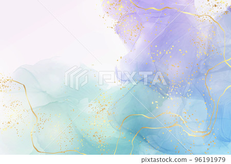 Violet cyan blue liquid watercolor background with golden stains. Teal mauve purple marble alcohol ink drawing effect. Vector illustration design template for wedding invitation, menu, rsvp 96191979