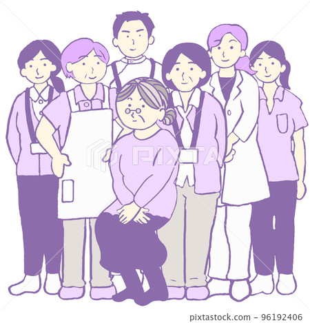以社區為基礎的綜合護理 一名患有癡呆症的女性和一個多學科支持團隊的插圖 簡單 96192406