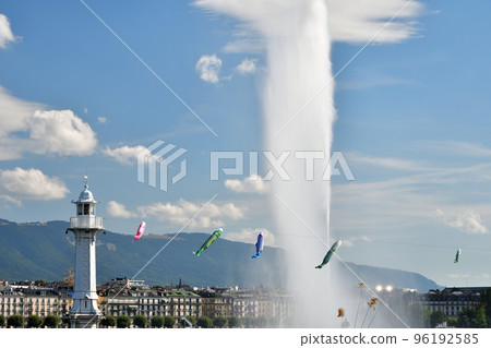 Switzerland, Geneva. Carp streamers decorated on Lake Geneva. Taken on August 15, 2022. Switzerland, Geneva. Carp streamers decorated on Lake Geneva. Taken on August 15, 2022. 96192585