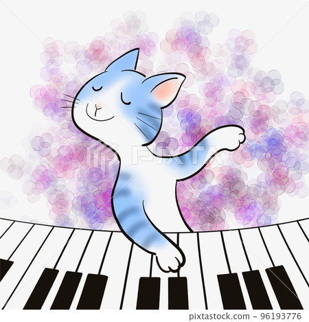 Illustration of a cat playing the piano happily 96193776
