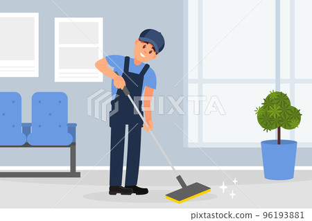 Man professional cleaner in uniform cleaning floor using mop. Cleaning service company staff flat vector 96193881