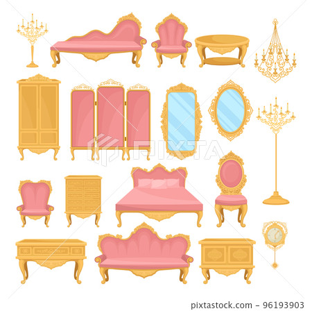 Antique furniture set. Closet, mirror, nightstand, candlestick, closet, chair, nightstand and bureau, baroque style cartoon vector 96193903