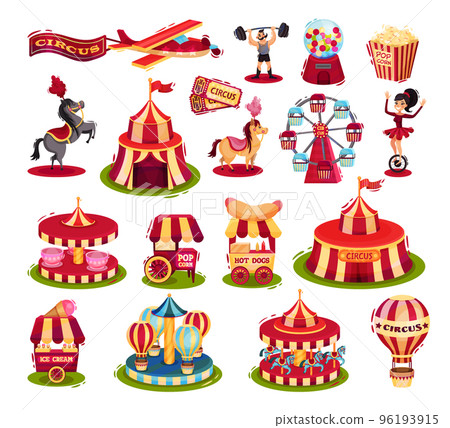 Carnival and circus show objects set. Amusement park elements. Circus marquee, fairground, carousel, hot air balloon, ferris wheel cartoon vector illustration 96193915
