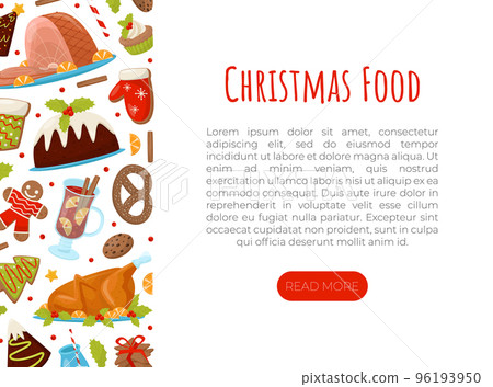 Christmas Holiday Dish and Dessert Banner Design with Muffin, Roasted Turkey and Cookie Vector Template 96193950