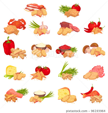 Chips and Snacks with Flavoured Crunchy Crouton Big Vector Set 96193964
