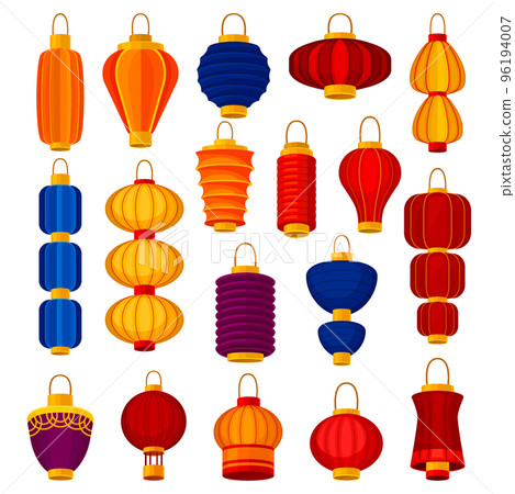 Chinese lanterns circular and cylindrical shapes set. Asian New Year symbols, festive traditional lamps cartoon vector illustration 96194007