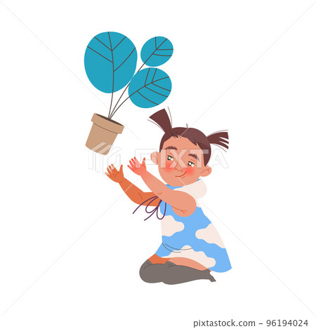 Naughty Little Girl Dropping or Throwing Flowerpot Making Mess and Chaos Around Vector Illustration 96194024