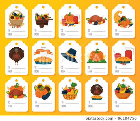 Thanksgiving Gift Tag Set. Ready-to-print label postcards with illustrations and words To, From. Flat vector illustrations on white background. Thanksgiving Gift Tag Set. Ready-to-print label postcards with illustrations and words To, From. Flat vector illustrations on white background. 96194756