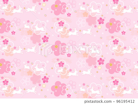 春天般的圖案日本圖案可愛的梅花和兔子 96195412