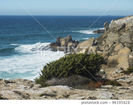 View sea shore with ocean waves, sharp rocks and stones and green bush at Rota Vicentina wild coast near Vila Nova de Milfontes, Portugal. 96195828