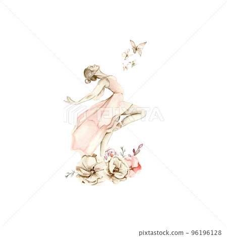 Watercolor dancing ballerina composition with flowers.Pink pretty ballerina. Watercolor hand draw illustration. Can be used for cards or posters. With white isolated background. Illustartion 96196128