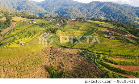 Aerial view at Pa Pong Piang Rice Terraces with homestay on mountain, 96196431