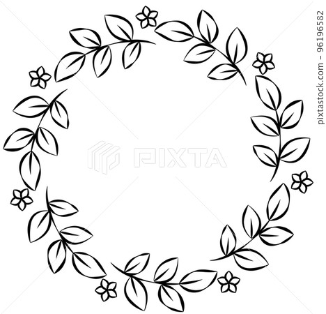 Circular frame Five-leaf branches and flowers line drawing 96196582