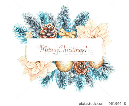Watercolor Christmas frame with fir branches,poinsettia, tree toys, fir cones . Isolated on white background. Watercolor Christmas frame with fir branches,poinsettia, tree toys, fir cones . Isolated on white background. 96196648