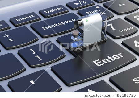 Coffee pod machine on computer keyboard, 3D rendering 96196739