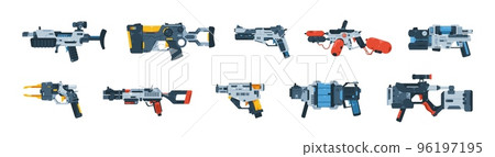 Cartoon futuristic game gun. Comic retro alien space blasters laser weapons pistol gadget, abstract ufo fiction handgun for kids. Vector collection Cartoon futuristic game gun. Comic retro alien space blasters laser weapons pistol gadget, abstract ufo fiction handgun for kids. Vector collection 96197195