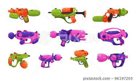 Water weapon. Cartoon plastic toy guns for children flat style, kids game handgun with wet spray pump pistols. Vector colorful isolated collection Water weapon. Cartoon plastic toy guns for children flat style, kids game handgun with wet spray pump pistols. Vector colorful isolated collection 96197203