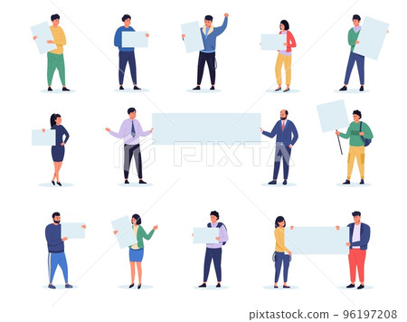 People with banners. Cartoon characters holding blank boards, activists with placards protest demonstration meeting concept. Vector collection People with banners. Cartoon characters holding blank boards, activists with placards protest demonstration meeting concept. Vector collection 96197208