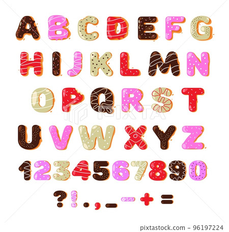 Donut font. Colorful sweet doughnut bakery alphabet latin letters and numbers for decoration, cartoon kids typeface cute glazed dessert. Vector isolated set Donut font. Colorful sweet doughnut bakery alphabet latin letters and numbers for decoration, cartoon kids typeface cute glazed dessert. Vector isolated set 96197224