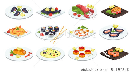 Seafood dishes. Festive fish meal asian japanese chinese traditional food cuisine, cartoon salmon steak crab meat sushi shrimp gourmet icons. Vector collection 96197228