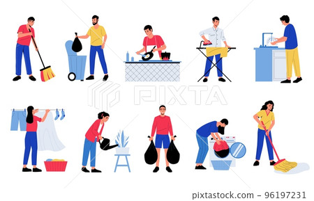 People doing housework. Men woman characters cooking dishes watering flowers cleaning up doing housework chores. Vector cartoon isolated set 96197231